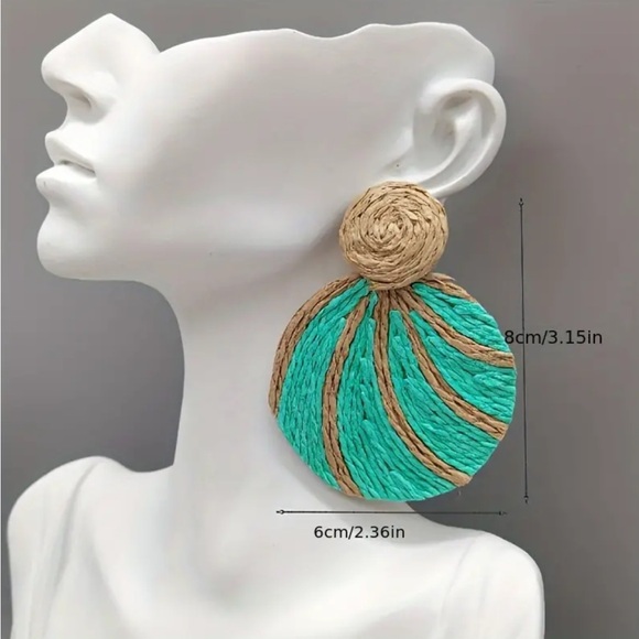 🔥 Clearance 🔥 Blue Large Round Raffia Statement Dangle Earrings - Picture 2 of 2